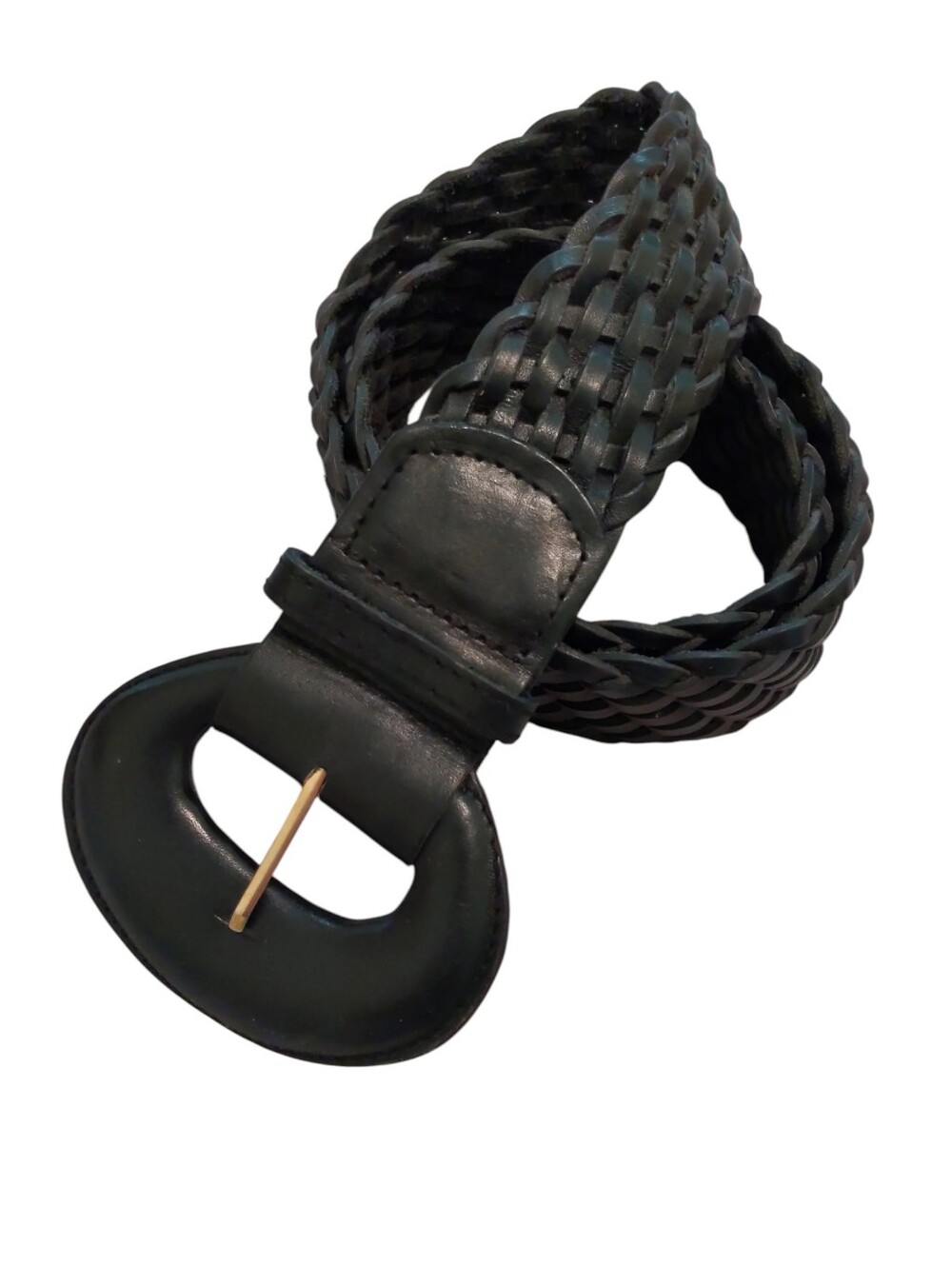 Women's 80s Vintage Black Braided Leather Belt with Rounded Buckle